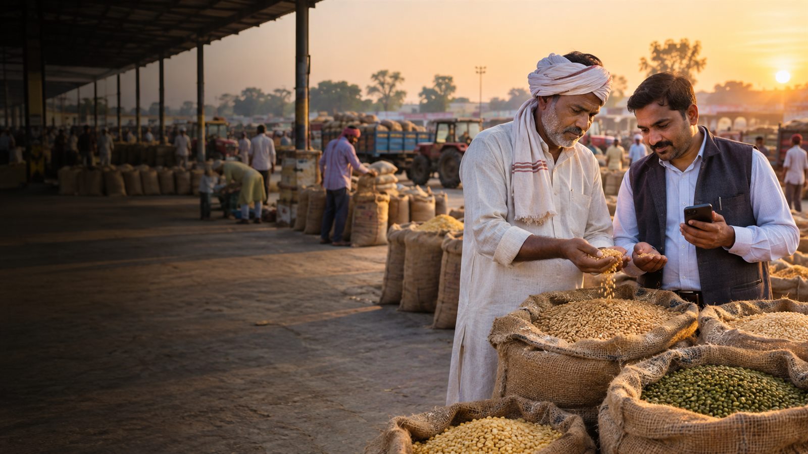 Farmer and trader reviewing produce at an Indian mandi